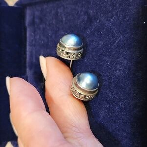 Sterling Silver and Grey Pearl Stud Earrings